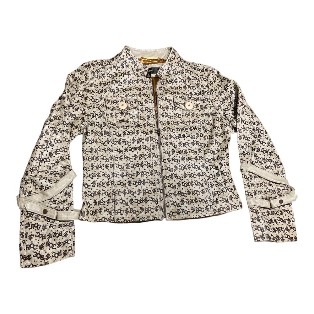 VTG Rocawear Woman's Tan / Brown Sz M Monogram All Over Print Leather Zip Jacket